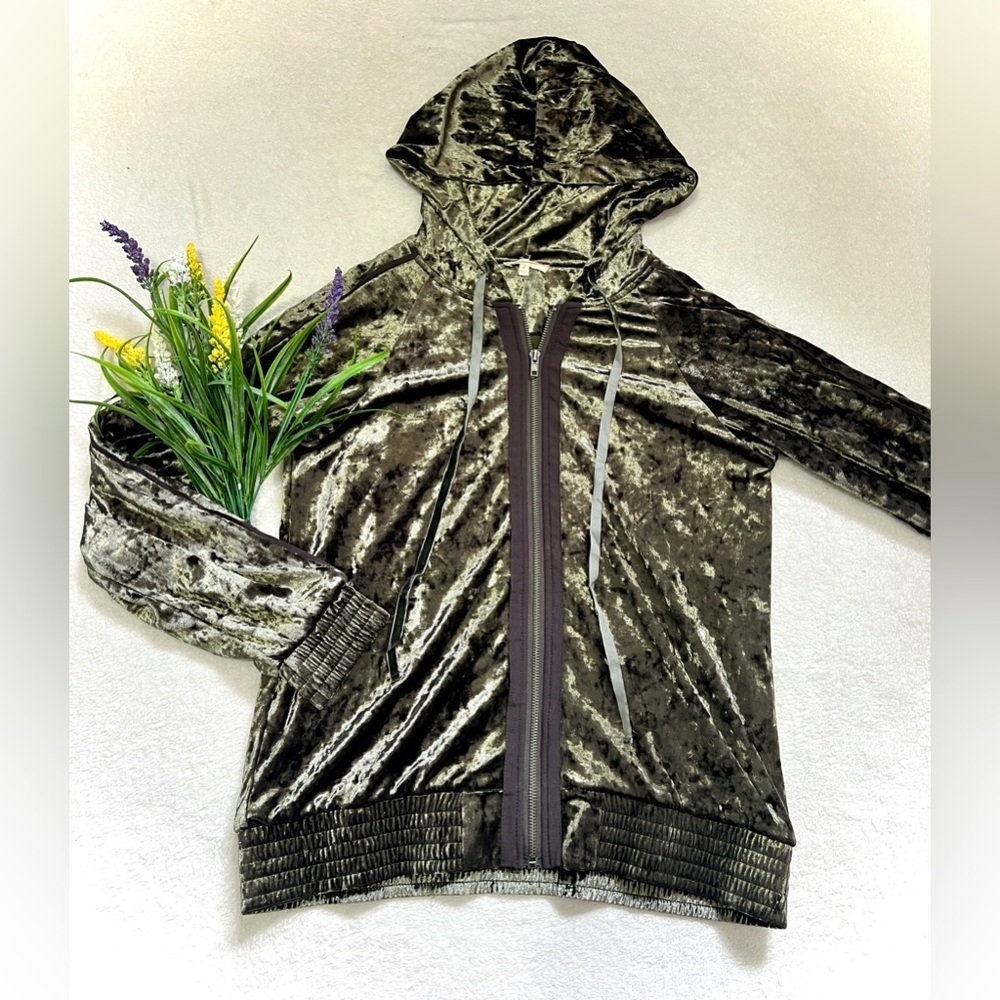 Mystree Emerald Crushed Velvet Velour Zip-Up Sweatshirt - Small